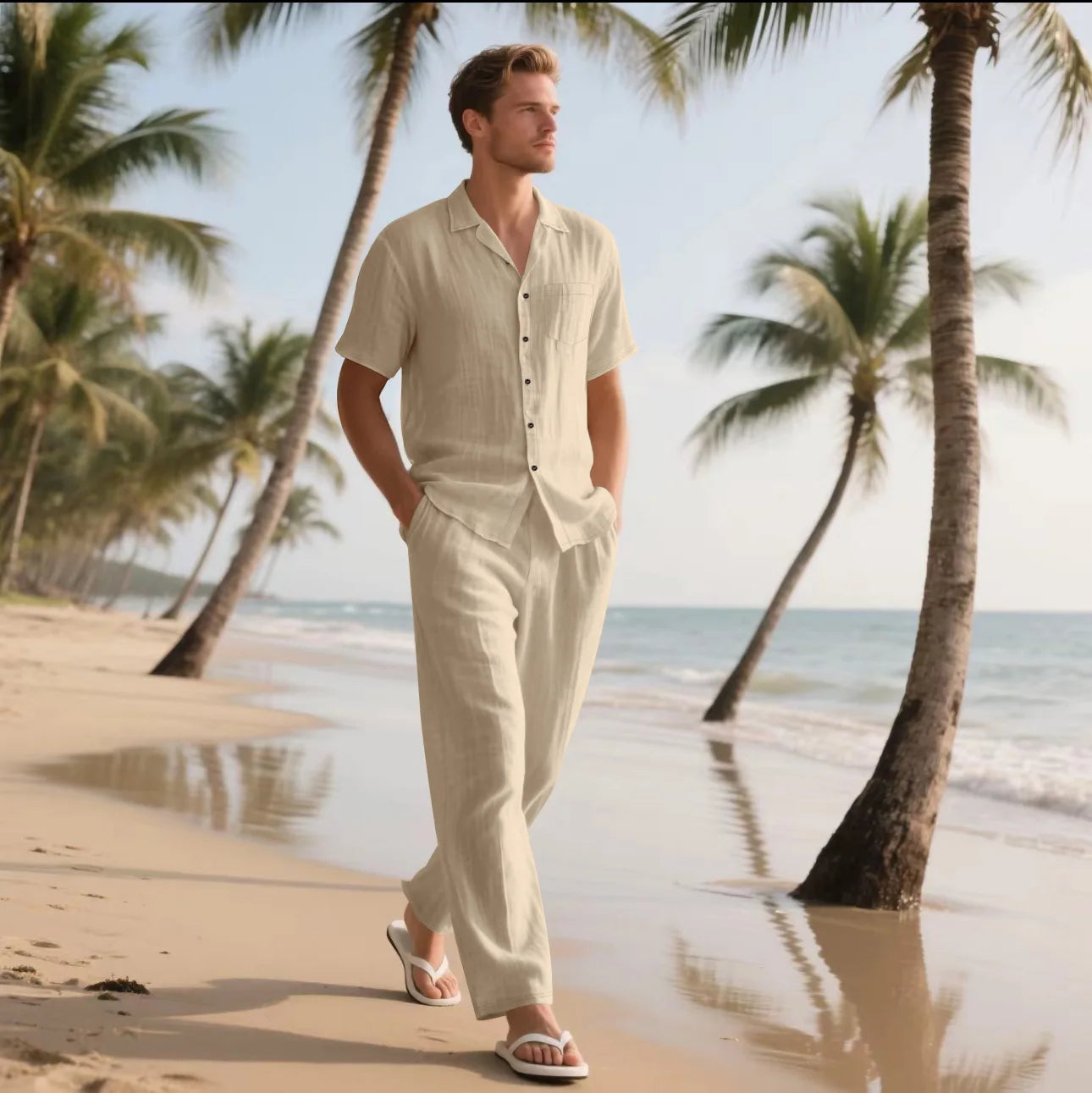 Mens Casual Cotton Linen Two Piece Sets Beach Vintage Basic Shirts and Pants Solid Color Casual Suit Male Hawai Tracksuits Set